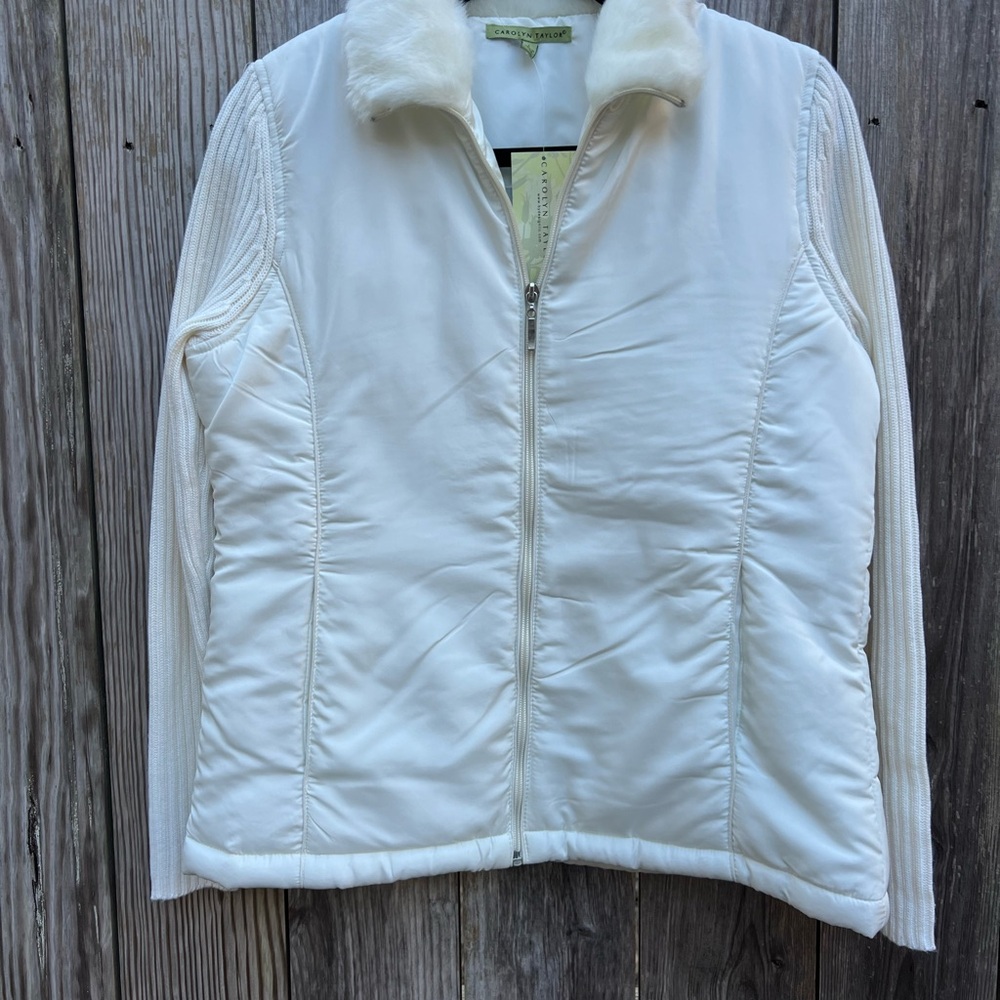 CAROLYN TAYLOR Faux Fur Cream Sweater Jacket Women’s Small NWT NEW